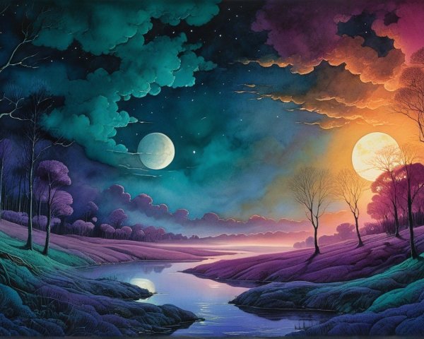 Twilight Landscape with Two Moons and Lush Foliage