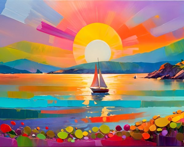 Vibrant Sunset Over Tranquil Sea and Lush Hills