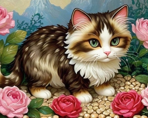 Fluffy Siamese Kitten in Flower Bed with Roses