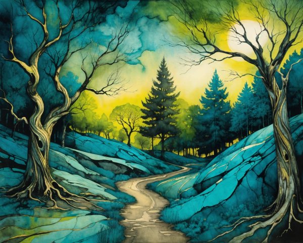 Mystical Landscape with Winding Path and Ethereal Sky