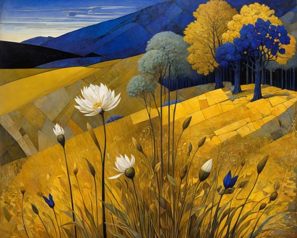 Vibrant Landscape with Golden Hues and Stylized Trees