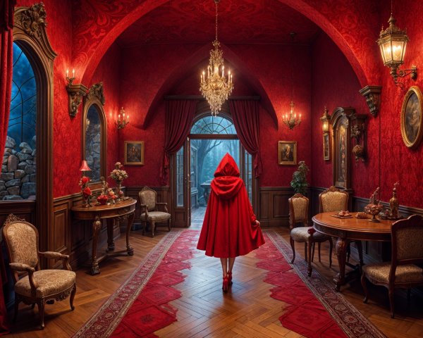 Vibrant Red Cloak in Lavish Dimly Lit Room