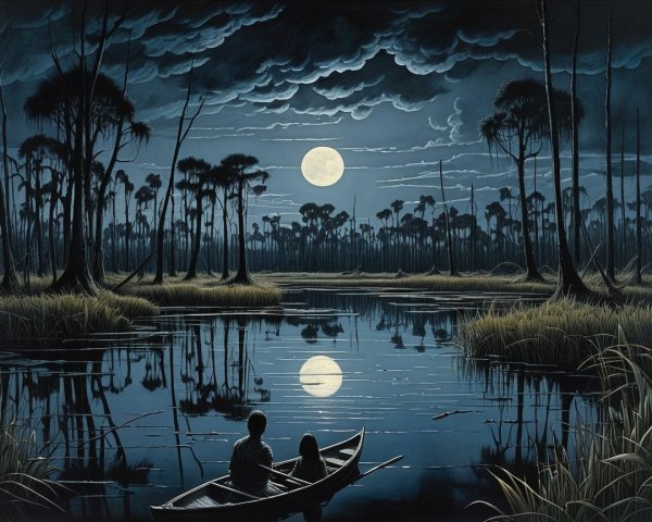 Moonlit Boat on Dark Waterway with Silhouetted Trees