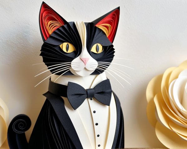 Whimsical Paper Art of Tuxedo Cat with Flowers