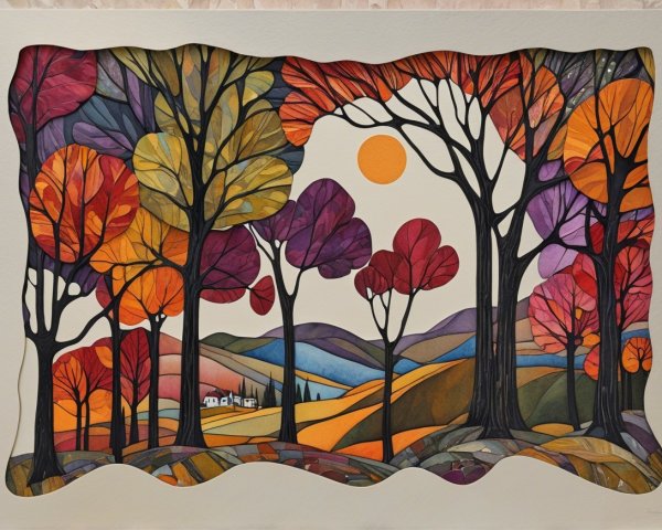 Vibrant Autumn Landscape with Stylized Trees and Hills