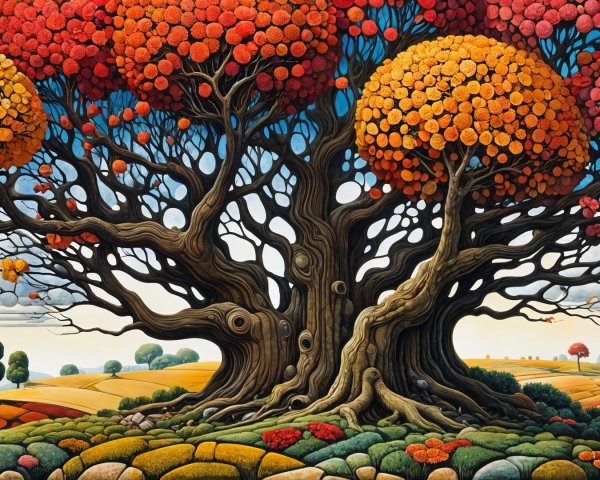 Vibrant Tree with Colorful Foliage and Scenic Landscape