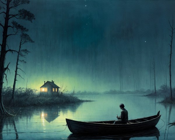 Moonlit Landscape with Figure in Boat and Cabin