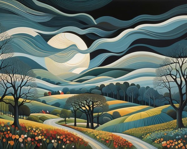 Vibrant Landscape of Rolling Hills and Night Sky