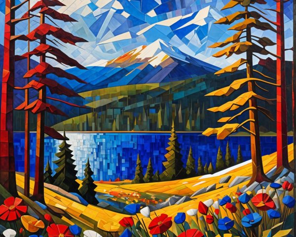 Abstract Landscape with Lake and Colorful Mountains