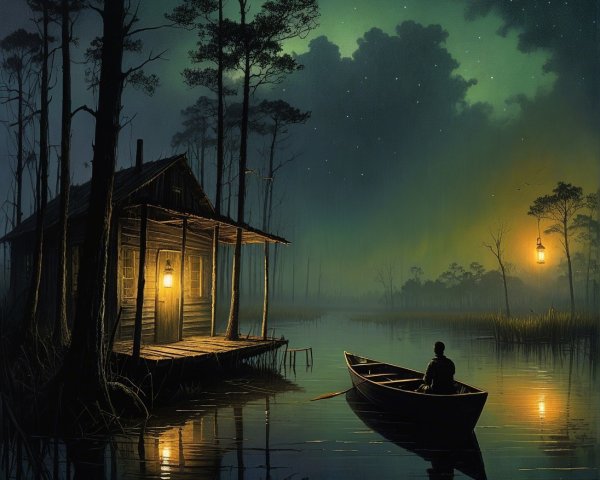 Tranquil Dusk Scene with Cabin and Still Waterway