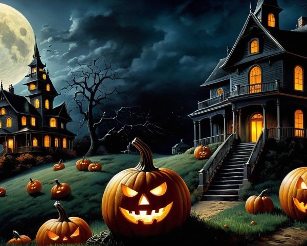 Eerie Halloween Scene with Illuminated Houses and Jack-o'-Lanterns