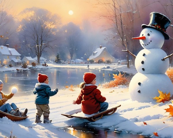 Children Playing in Snowy Winter Landscape at Sunset