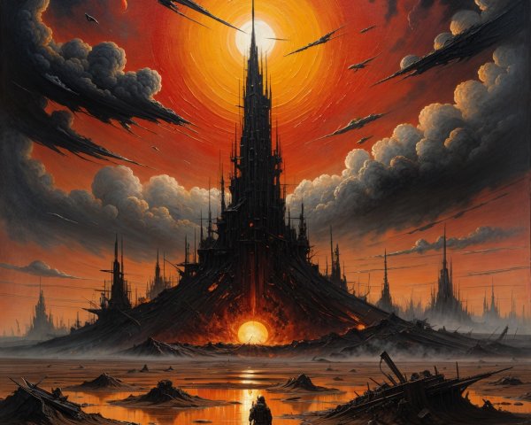 Dramatic Landscape with Dark Citadel and Sunset
