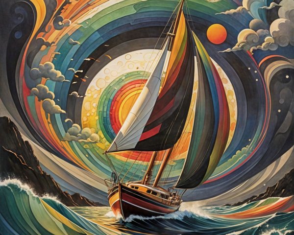 Abstract Painting of a Colorful Sailing Ship at Sea