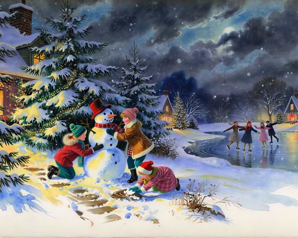 Wintry Night Scene with Children Building a Snowman