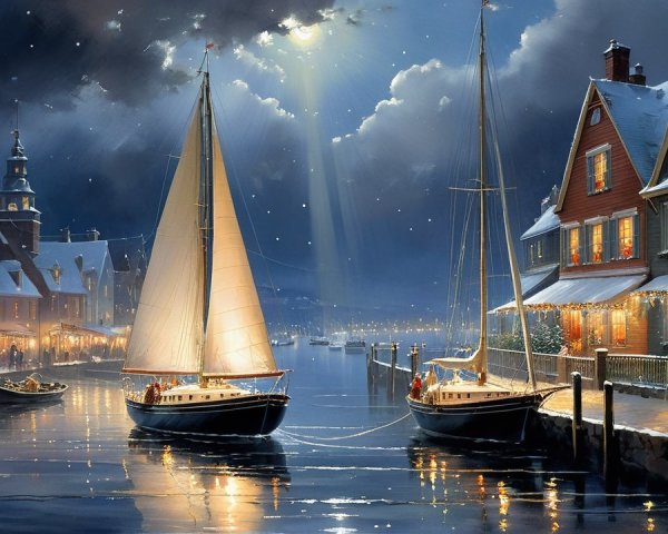 Snowy Harbor Town at Night with Sailboats and Moonlight