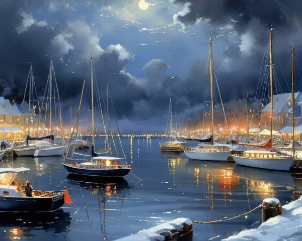 Christmas Harbor Scene with Moonlit Village and Boats