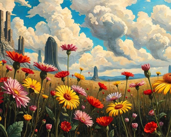 Vibrant Landscape with Colorful Flowers and Castle