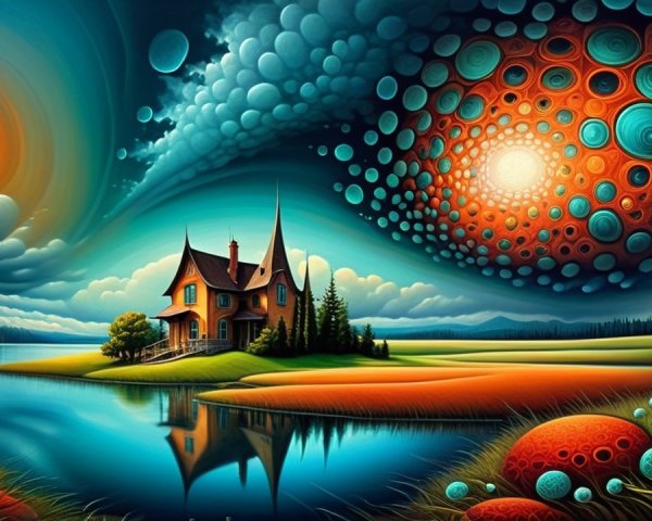 Surreal Landscape with Whimsical House and Lake