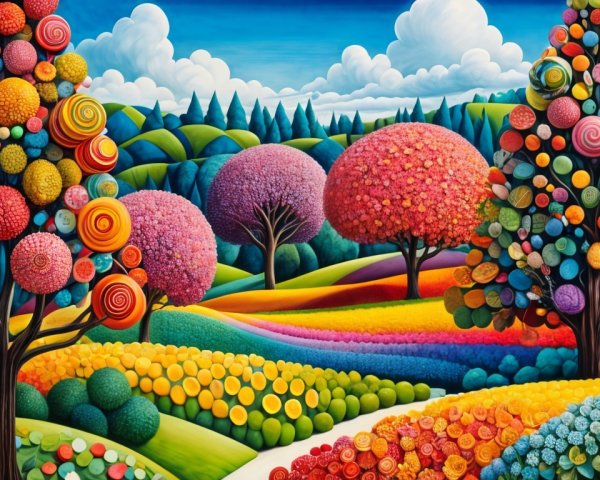 Vibrant Whimsical Landscape with Colorful Trees