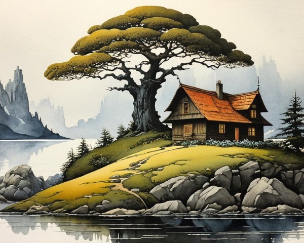 Serene landscape with cabin on a lush green island