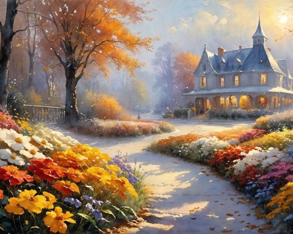 Victorian House Surrounded by Vibrant Autumn Garden