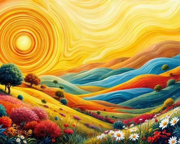 Vibrant Landscape with Colorful Patterns and Flowers