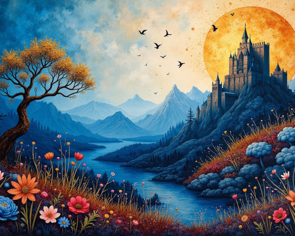 Majestic Castle Landscape with Mountains and Sunlight