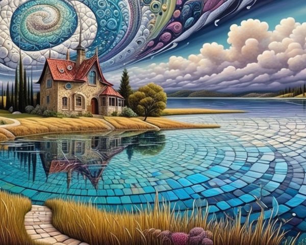 Whimsical Landscape with House and Serene Lake