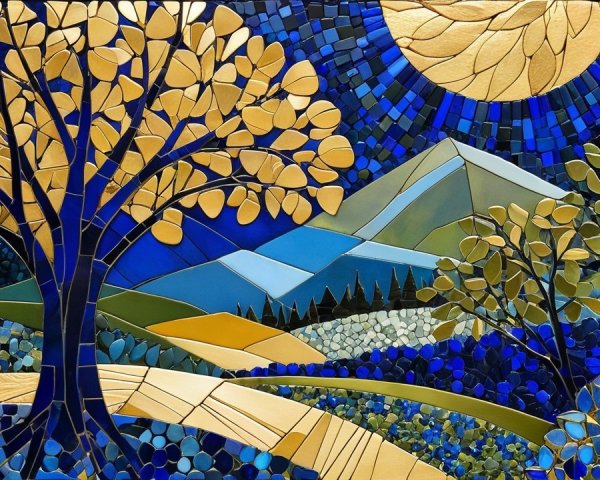 Vibrant Mosaic Landscape with Golden and Blue Hues