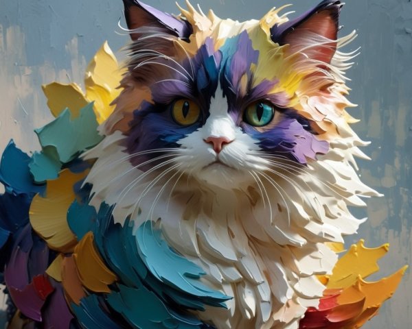 Stylized Cat with Vibrant Multicolored Coat and Eyes