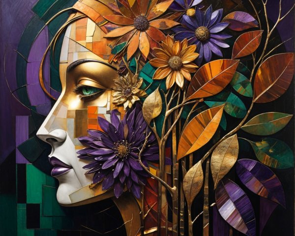 Stylized Female Face with Mosaic Design and Flowers