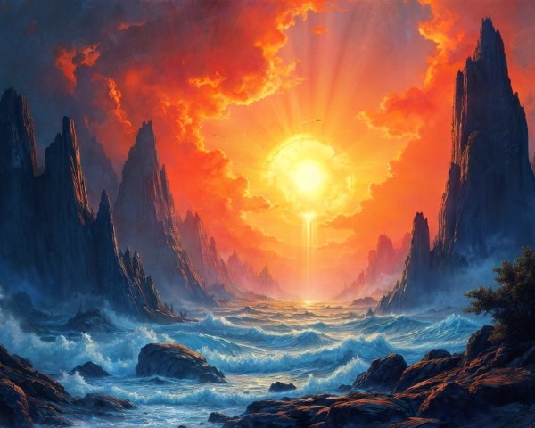 Dramatic Sunset Over Turbulent Ocean and Rocky Cliffs