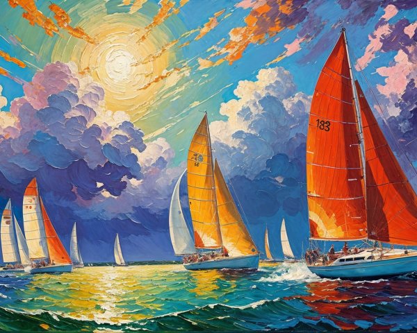 Vibrant Seascape with Colorful Sailboats and Waves