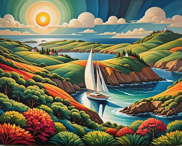 Vibrant Landscape with Sailboat and Rolling Hills