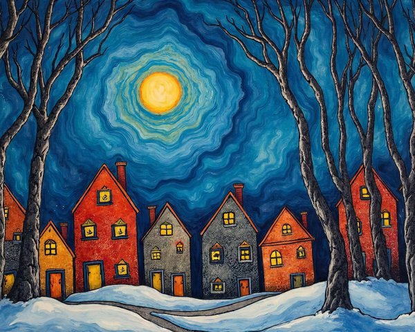 Whimsical Winter Night Scene with Colorful Houses