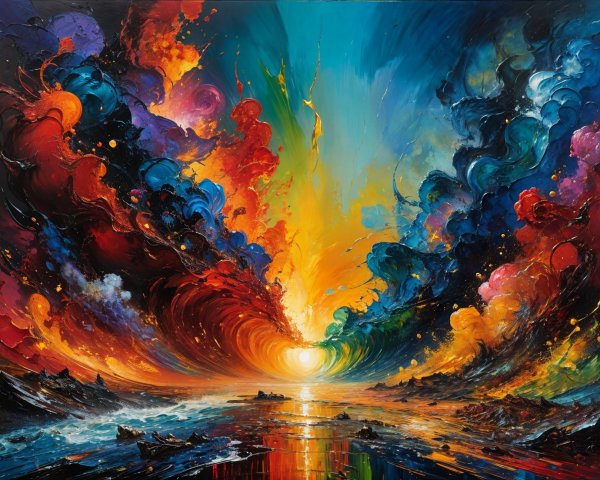 Vibrant Abstract Painting of Swirling Clouds and Sun