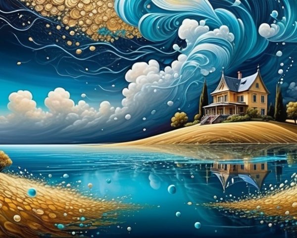 Whimsical Landscape with Yellow House and Blue Waters