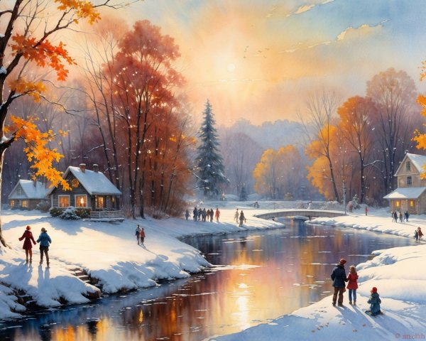 Winter Landscape with Sunset Hues and Snowy Scene