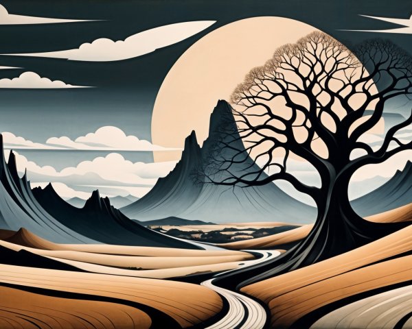 Surreal Landscape with Moon, Mountains, and River