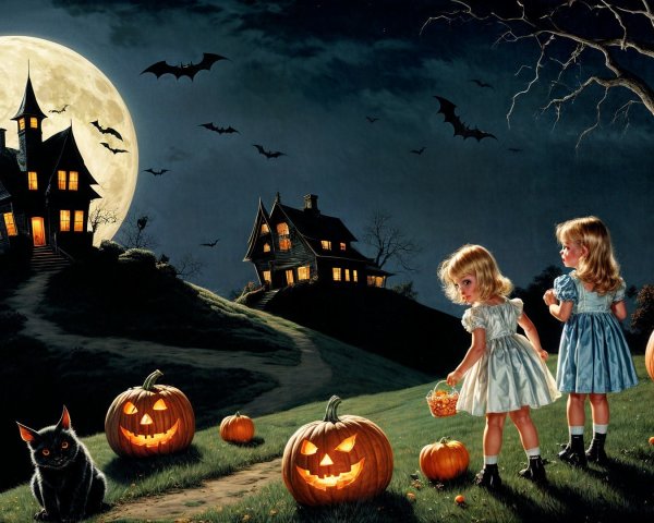Moonlit Halloween Scene with Girls and Jack-o'-Lanterns