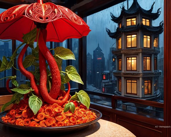 Elaborate Red Rose Centerpiece with Umbrella and Tentacles