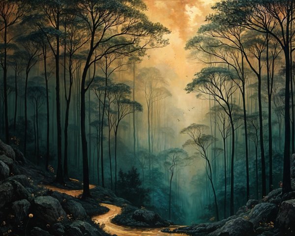 Winding Path Through Misty Forest with Wildflowers