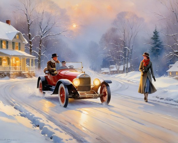 Vintage Convertible on Snowy Road with Scenic Background