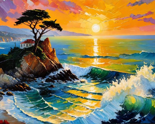Vibrant Coastal Sunset with Dramatic Cliffs and House