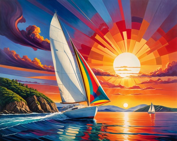 Vibrant Seascape with Sailboat at Sunset