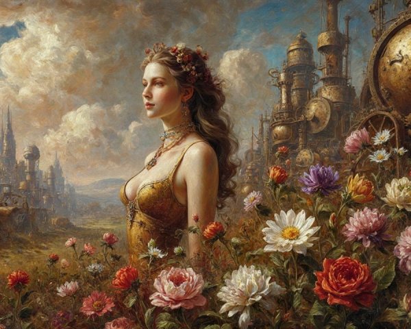 Woman in Golden Dress in Vibrant Garden Scene