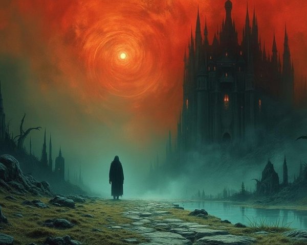 Cloaked Figure at Misty Path to Ominous Castle