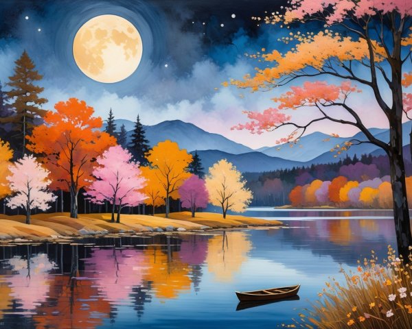 Vibrant Autumn Landscape with Tranquil Lake and Moon