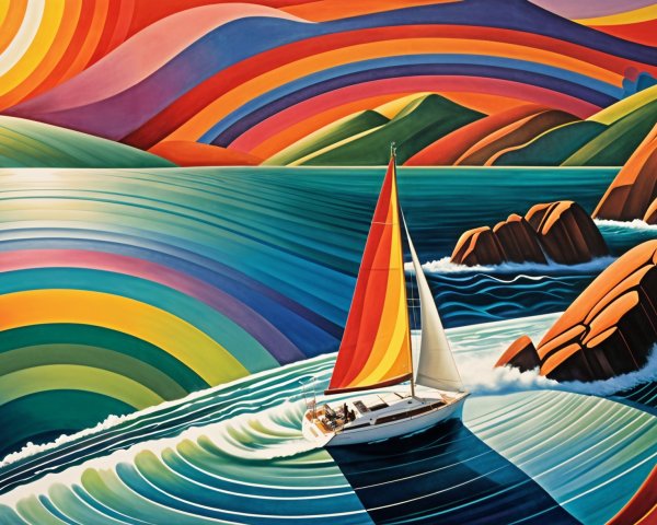 Vibrant Sailboat in Colorful Landscape Waves
